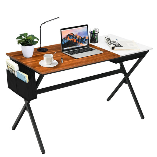 Giantex Modern Computer Desk, X-Shaped PC Study Table w/Side Storage Bag & Hidden Cube Drawers, Workstation for Home Office Bedroom, Walnut