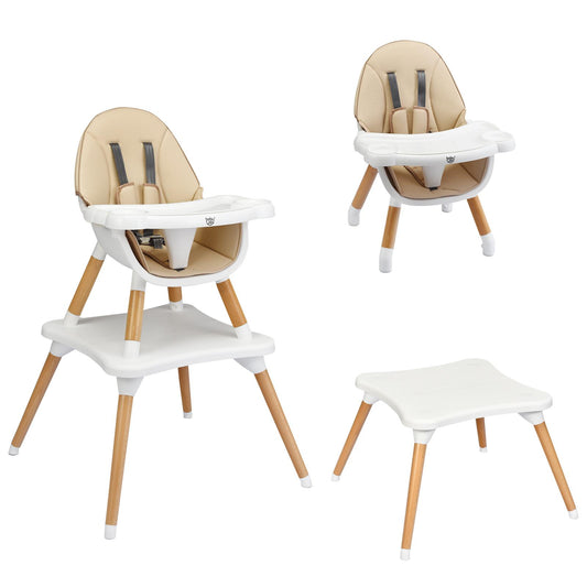 Adjustable Baby High Chair, Convertible Baby Dining Chair w/Cushioned Seat, 5-Point Seat Belt, 4-Stage Adjustable Detachable Tray, Suitable for 6-36 Months Baby, Khaki