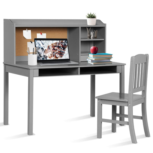 Giantex Kids Desk and Chair Set, Children Study Writing Desk w/Chair, Student Wooden Computer Workstation, Grey