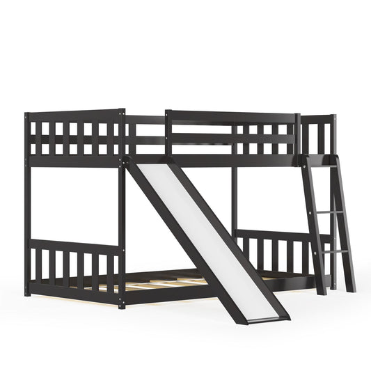 Giantex Twin Over Twin Bunk Bed w/Slide, Solid Wood Floor Bed Frame w/Guardrails & Ladder for Boys & Girls, Teens, No Box Spring, Espresso