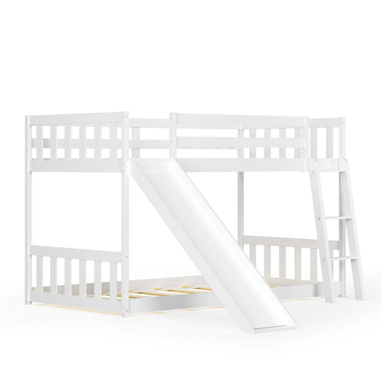 Giantex Twin Over Twin Bunk Bed w/Slide, Solid Wood Floor Bed Frame w/Guardrails & Ladder for Boys & Girls, Teens, No Box Spring, White