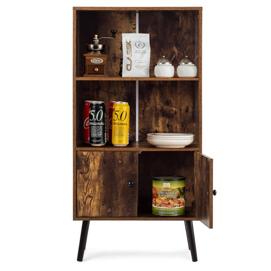 Giantex Retro Bookshelf W/3 Shelves & 2 Doors, Free-Standing Cabinet W/Solid Wood Legs, Decorative Shelf, Exhibition Shelf, Filing Shelf, Room Divider for Living Room, Office