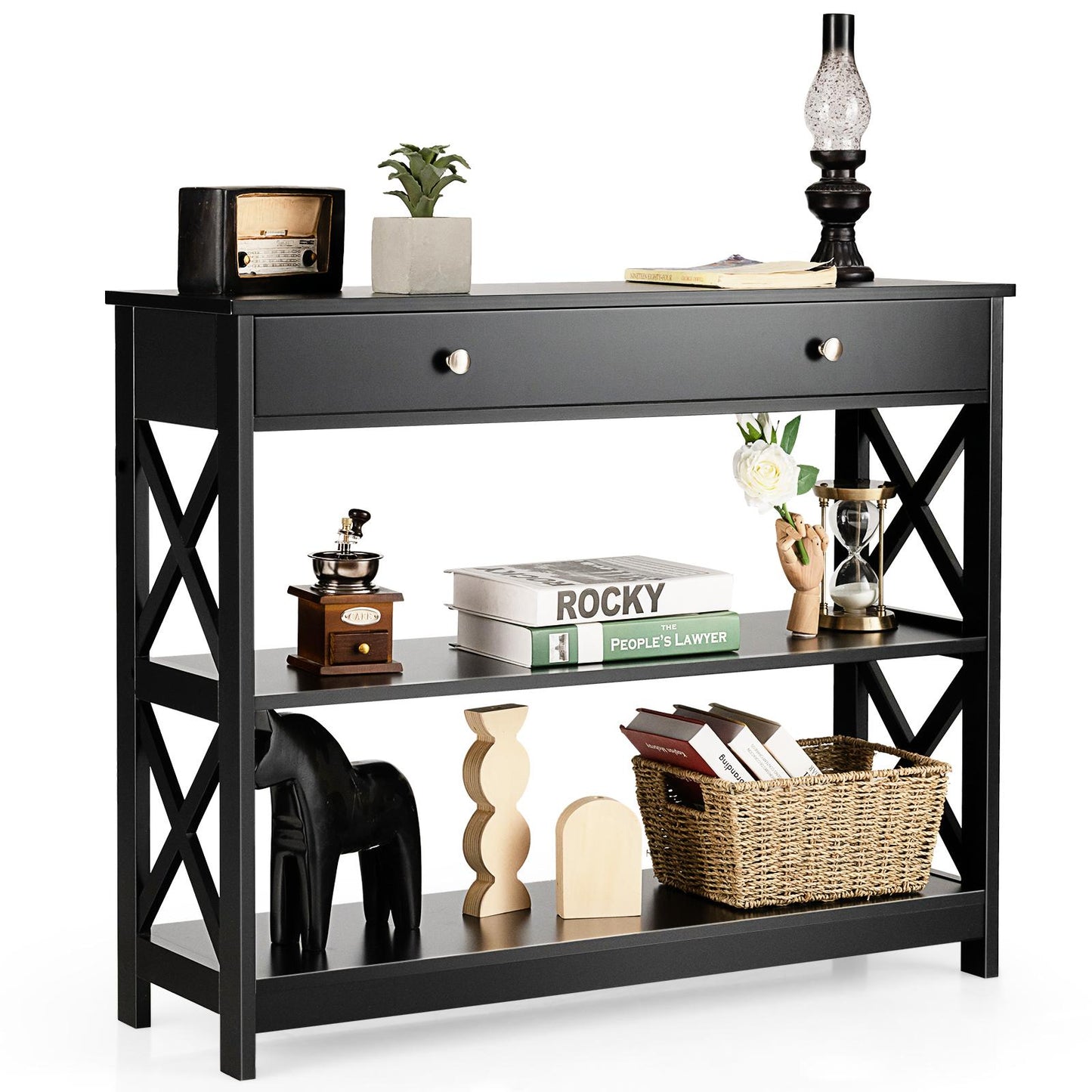 Giantex 3-Tier Console Table, Entryway Table w/2 Open Storage Shelves Drawer, Narrow Accent Table, Multifunctional Side Table