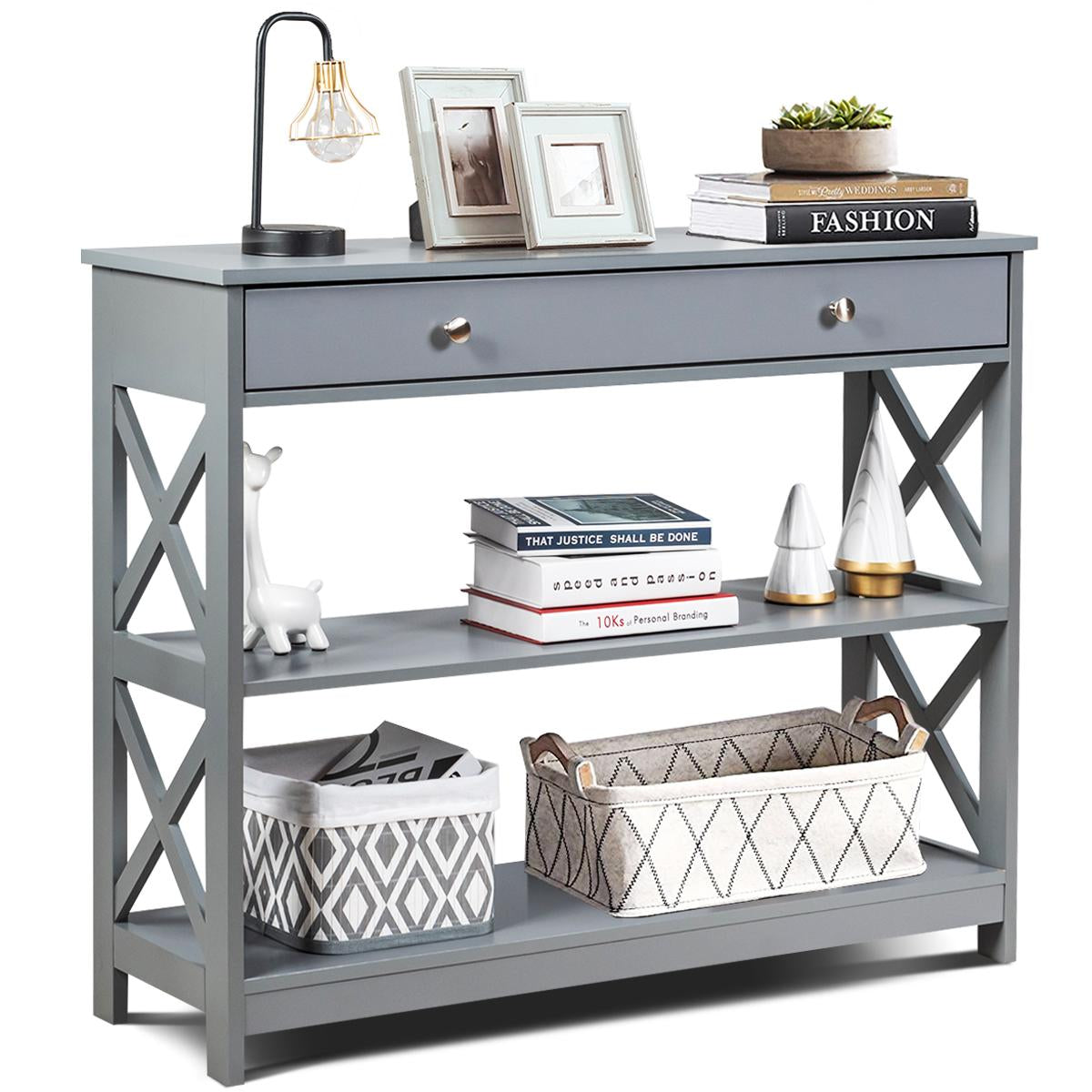 Giantex 3-Tier Console Table, Entryway Table w/2 Open Storage Shelves Drawer, Narrow Accent Table, Multifunctional Side Table