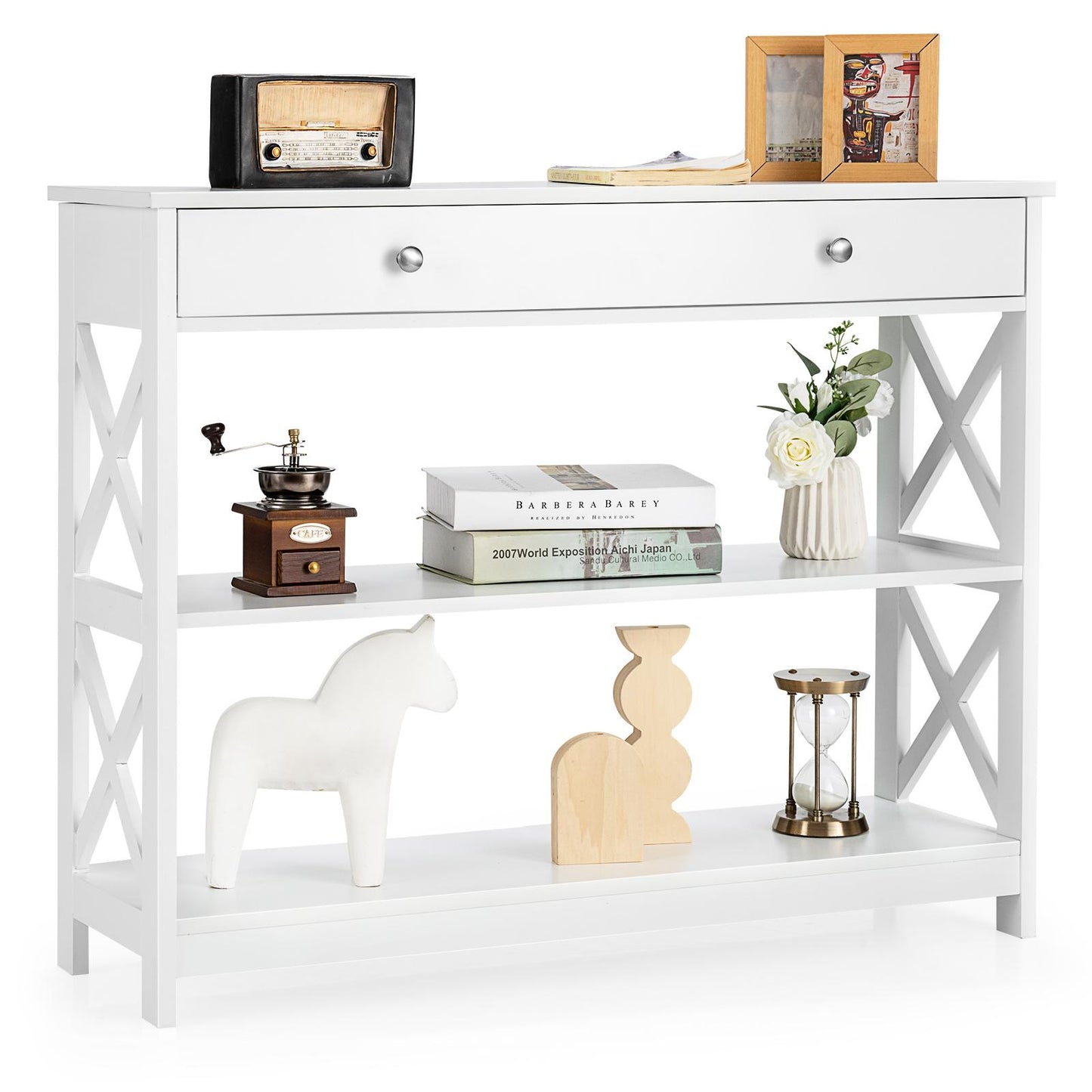 Giantex 3-Tier Console Table, Entryway Table w/2 Open Storage Shelves Drawer, Narrow Accent Table, Multifunctional Side Table