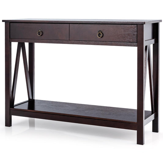 Giantex 2-Tier Console Table, Multi-Functional Hall Table w/X-Shaped Design, Storage Drawers and Shelf, Sofa Side Entryway Hall Table
