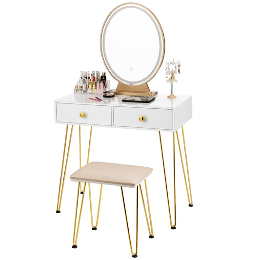 Giantex Vanity Table Set, Makeup Dressing Table w/3-Color Touch Screen Dimming Mirror, Additional Storage Organizer, Brown