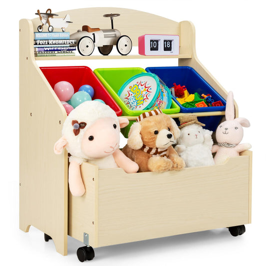 Giantex Wooden Kids Toy Storage Organizer, Toddler Furniture Storage Unit w/Wheels for Child's Bedroom Playroom