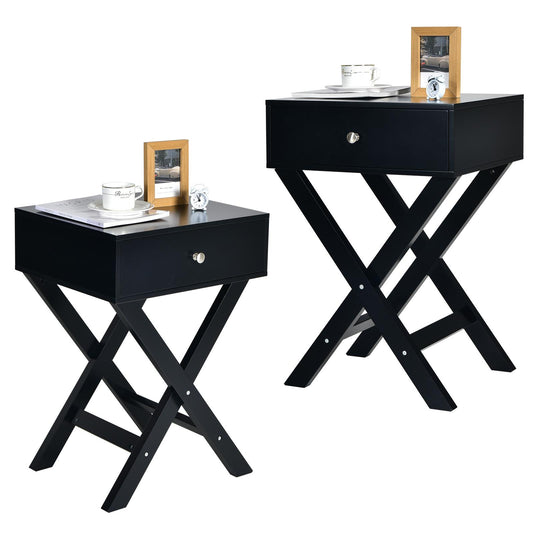 Giantex Nightstand w/Drawer, X-Shaped End Table, Modern Sofa Side Table, Multifunctional Accent Bedside Table for Home, Easy Assembly(2, Black)