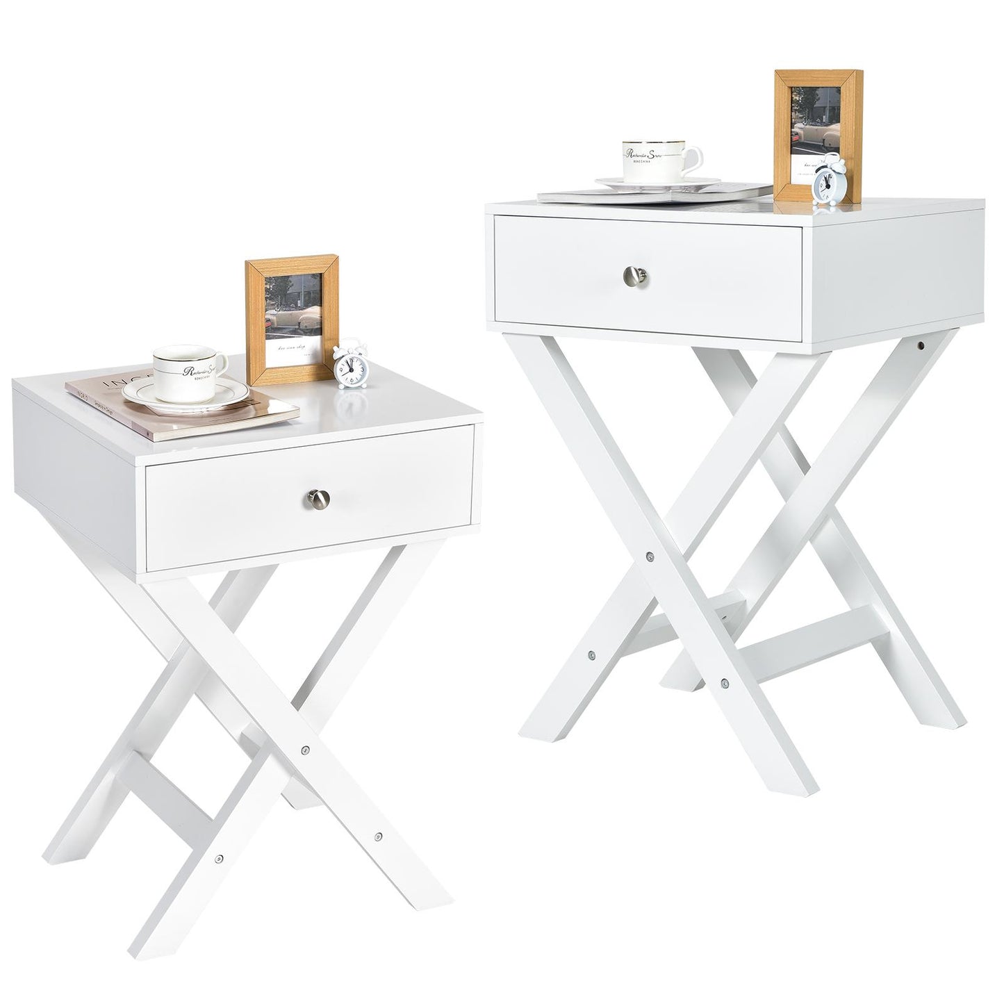 Giantex Nightstand w/Drawer, X-Shaped End Table, Modern Sofa Side Table, Multifunctional Accent Bedside Table for Home, Easy Assembly(2, White)