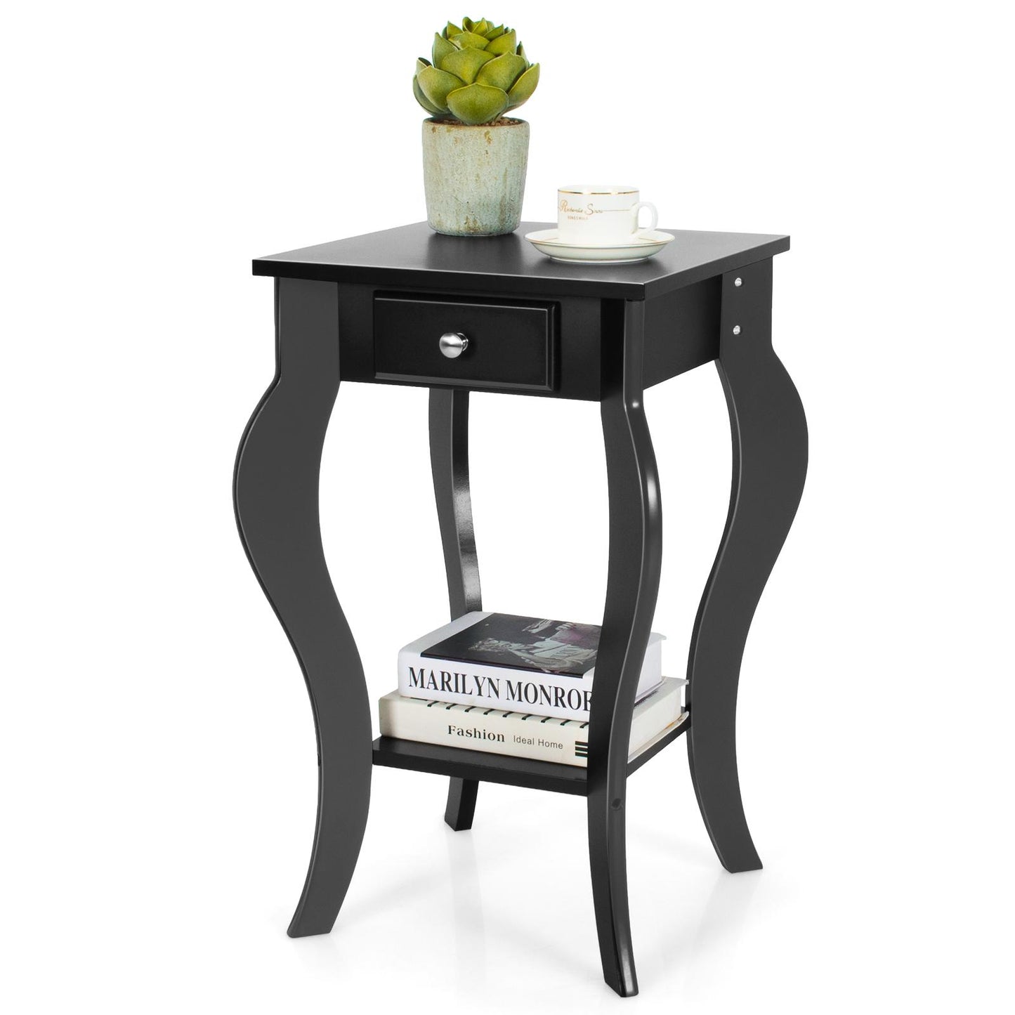 Giantex End Table, Nightstand w/Drawer & Shelf, Accent Sofa Side Table w/Curved Legs, 2-Tier Bedside Table Home Furniture, Black