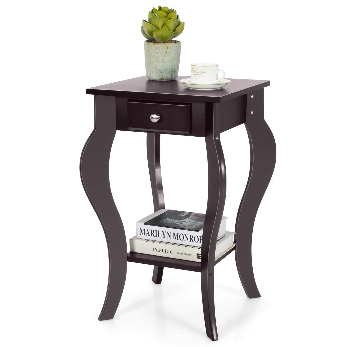 Giantex End Table, Nightstand w/Drawer & Shelf, Accent Sofa Side Table w/Curved Legs, 2-Tier Bedside Table Home Furniture, Brown