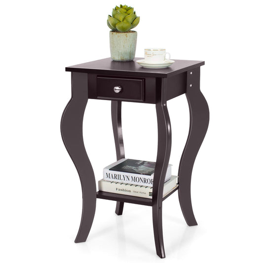 Giantex End Table, Nightstand w/Drawer & Shelf, Accent Sofa Side Table w/Curved Legs, 2-Tier Bedside Table Home Furniture, Brown