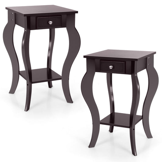 Giantex End Table, Nightstand w/Drawer & Shelf, Accent Sofa Side Table w/Curved Legs, 2-Tier Bedside Table Home Furniture(2, Brown)