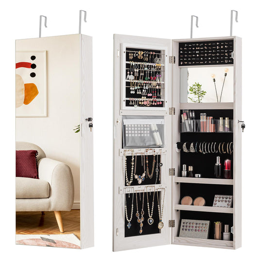 GIantex Lockable Jewelry Cabinet Armoire Wall Door Mounted, Frameless Mirror Jewelry Storage Organizer w/Spacious Storage Space, Hanging Jewelry Box Cabinets, White