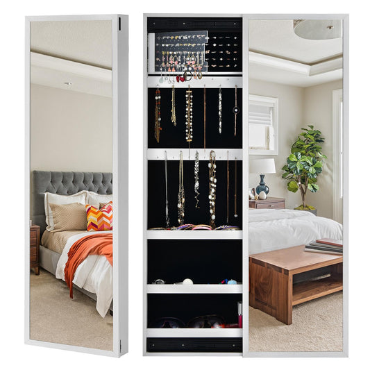Giantex Mirror Jewelry Cabinet Wall Mounted, Large Storage Jewelry Box Organize, Single Door Sliding Jewelry Armoire for Living Room Bedroom, White