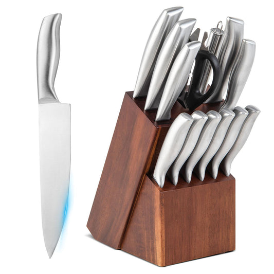 Giantex Kitchen Knife Set, 14 Pcs Stainless Steel Knife Block Sets w/Sharpener for Home, Restaurant