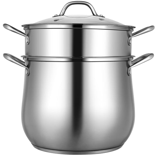 Giantex 2-Layer Stainless Steel Steamer, 11” Cookware Steamer w/Tempered Glass Lid & Loop Handles, Saucepot for Soup & Steaming Food
