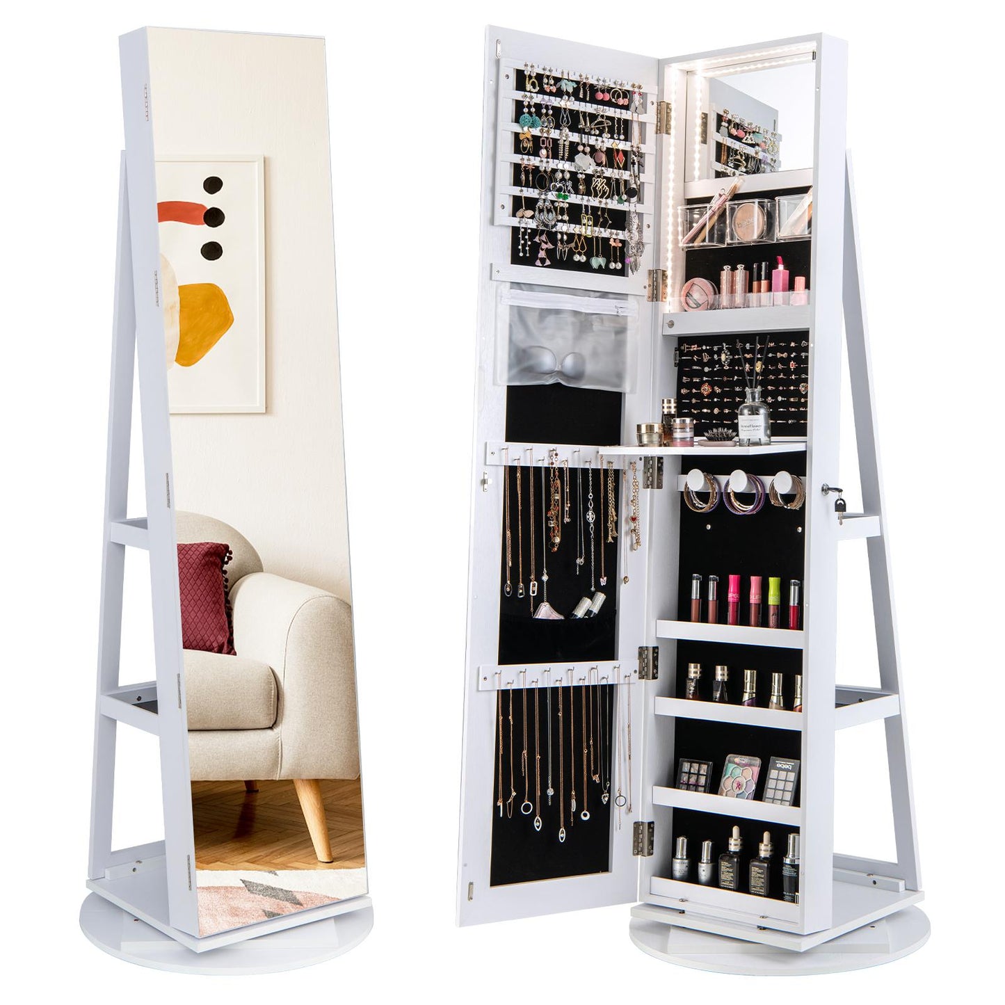 Giantex 360° Swivel Jewelry Cabinet, Lockable Jewelry Armoire w/Full-Length Mirror & 3-Color LED Lights, Freestanding Jewelry Organizer w/Inside Mirror, Foldable Shelf