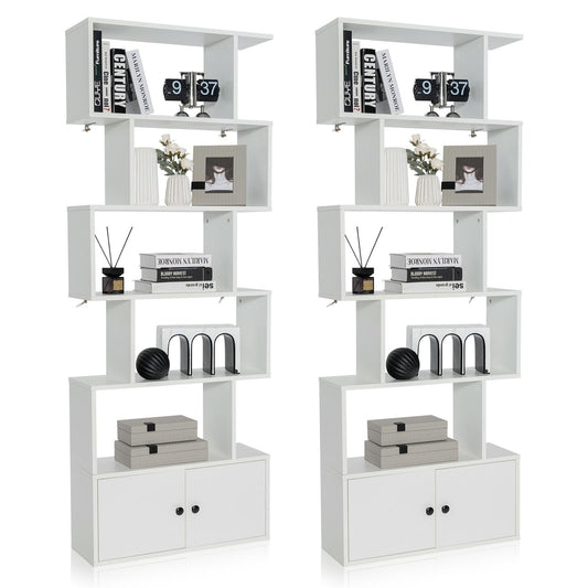 Giantex 2PCS 6-Tier Geometric Bookcase  w/Cabinet, Freestanding Display Shelves  w/Anti-Tipping Device, Wood S-Shaped Bookshelf, White