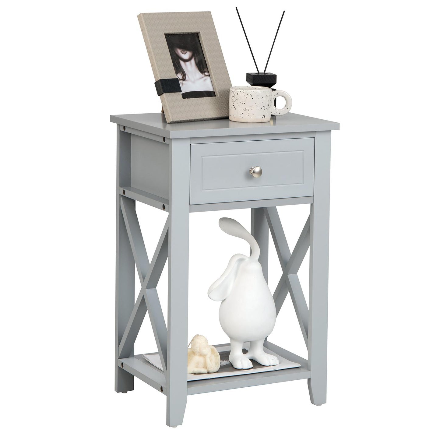 Giantex X-Design Nightstand, Bedside Table w/Drawer & Storage Shelf, Versatile Sofa Table End Table, Grey