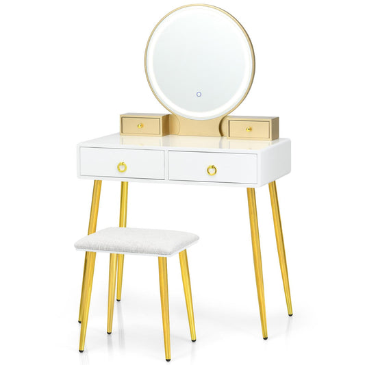 Giantex Vanity Table Set w/3 Color Dimming Lighted Mirror, Makeup Dressing Table for Women Girls, White