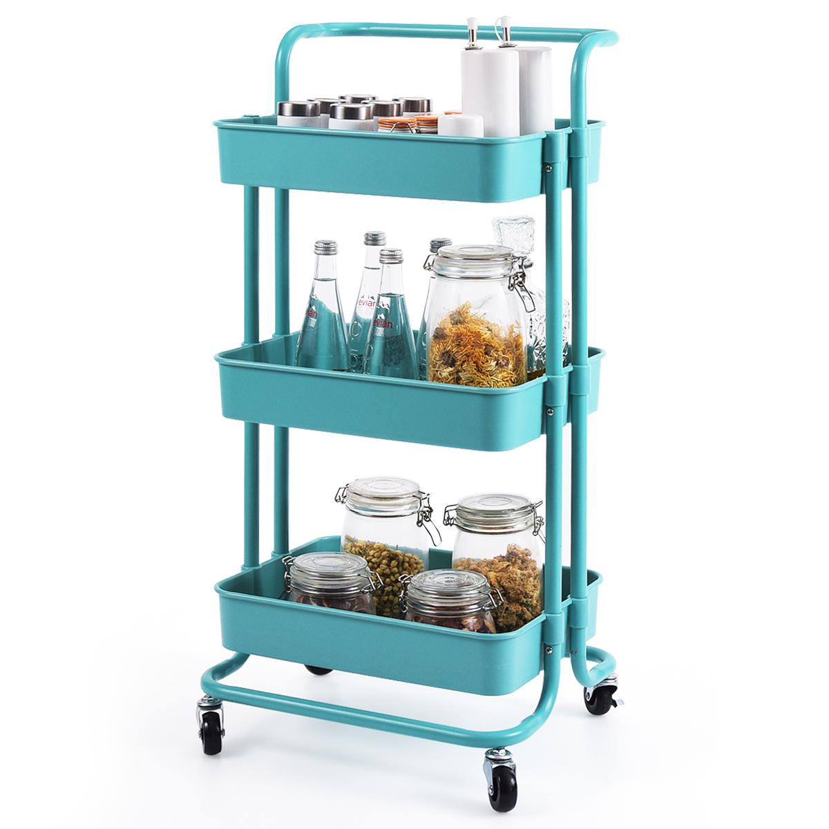 Giantex 3-Tier Utility Cart, Storage Rolling Multifunctional Organizer Cart, Storage Trolley w/Brakes for Home Office, Aqua Blue