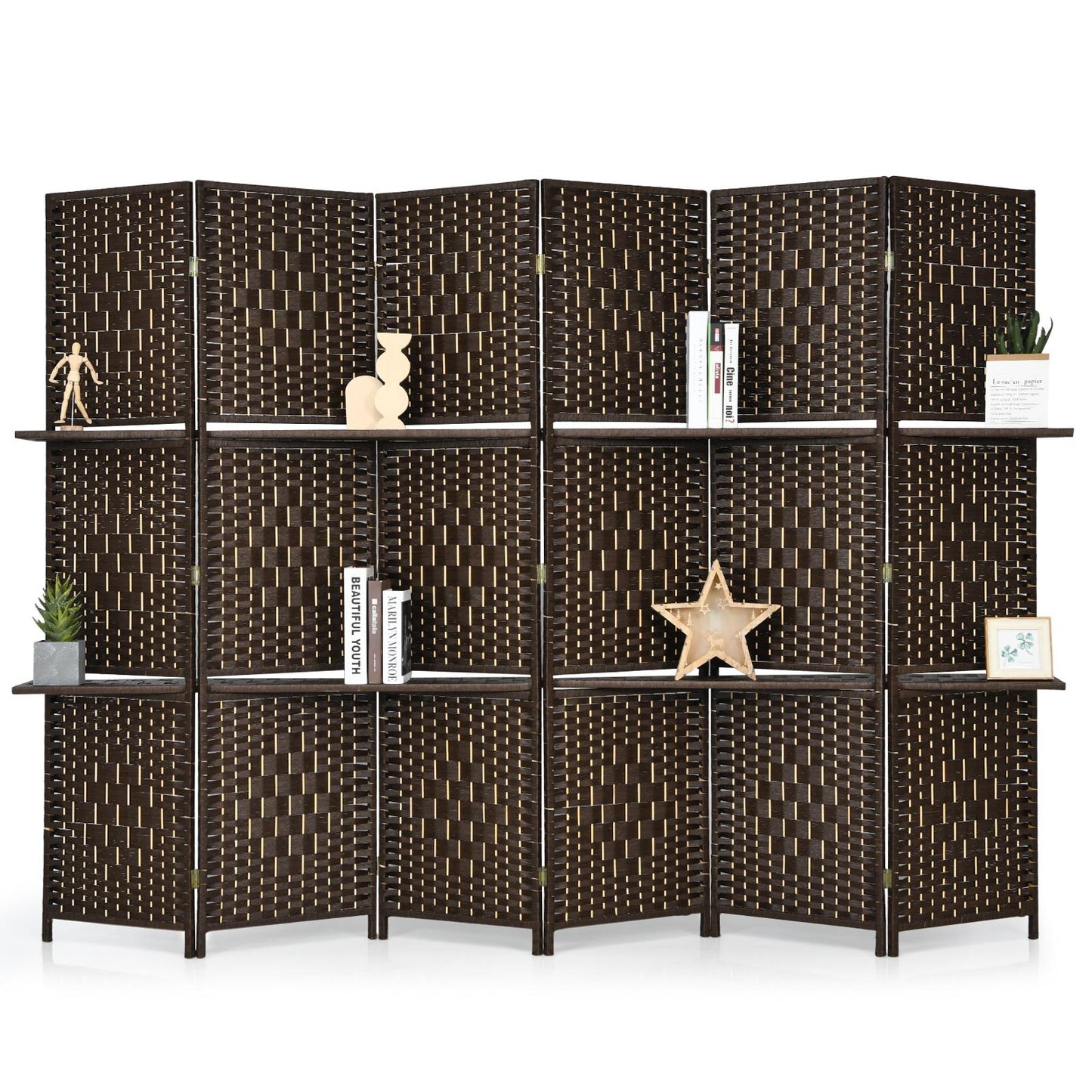 Giantex 6 Panels Room dividers, 6Ft Hand-Woven Fiber Freestanding Wall Divider, Portable Wooden Partition Separators