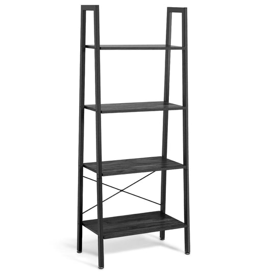 Giantex 4-Tier Wood Ladder Shelf, Display Rack w/Large Storage Space, Modern Bookshelf for Home & Office, Dark Grey and Black