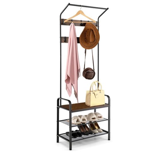 Giantex 3-In-1 Industrial Entryway Hall Tree, Wooden Coat Rack Shoe Bench w/Adjustable Foot Pads