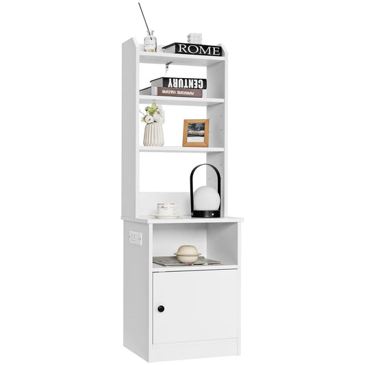 Giantex Nightstand w/Charging Station, Tall Bedside Table, End Table Bookcase w/Adjustable Shelves
