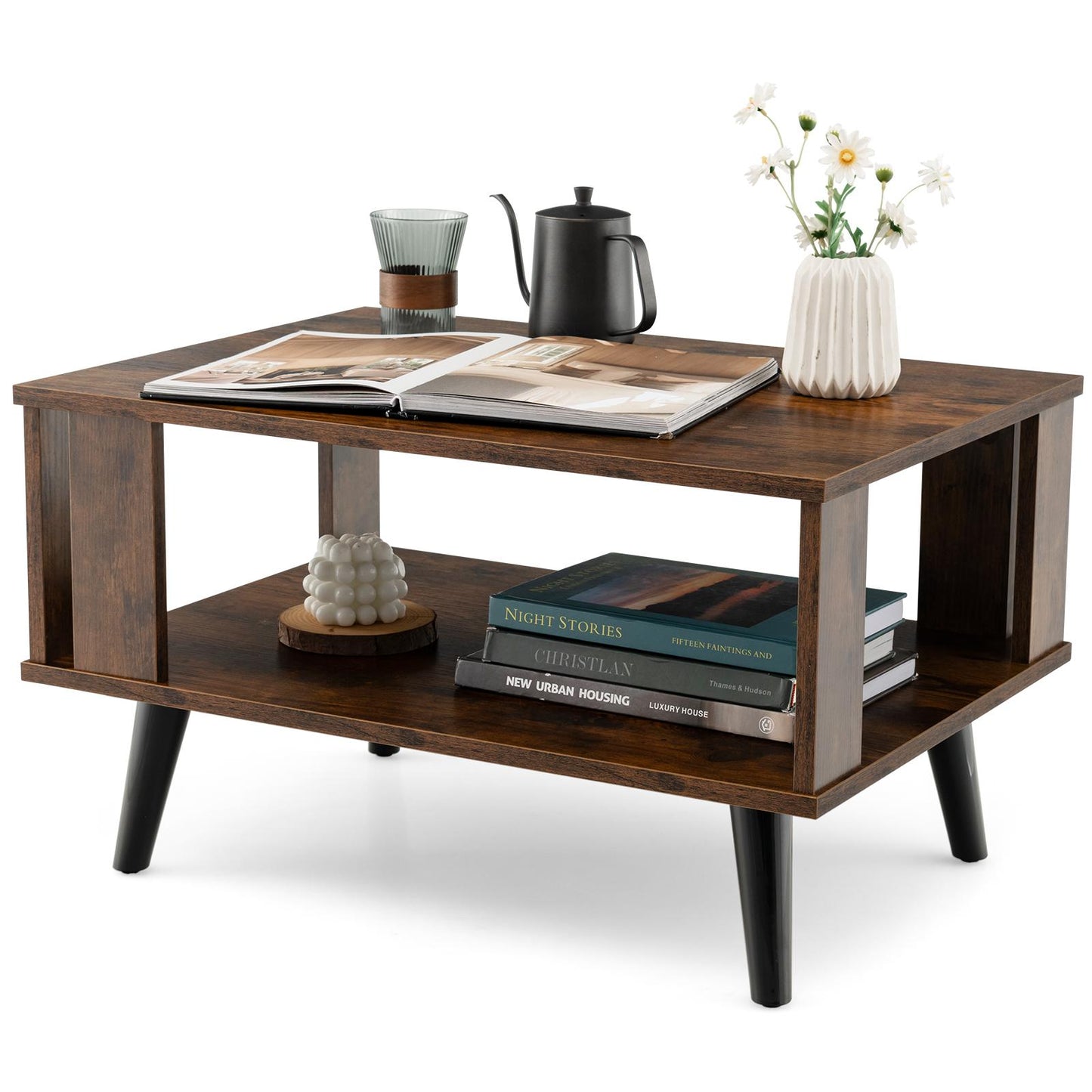 Giantex Retro Wood Coffee Table, 2-Tier Tea End Table, Compact Rectangle Sofa Side Table, Easy Assembly