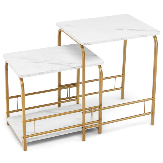 Giantex Nesting Tables Set of 2, Faux Marble End Table Sets, Accent Sofa Bedside