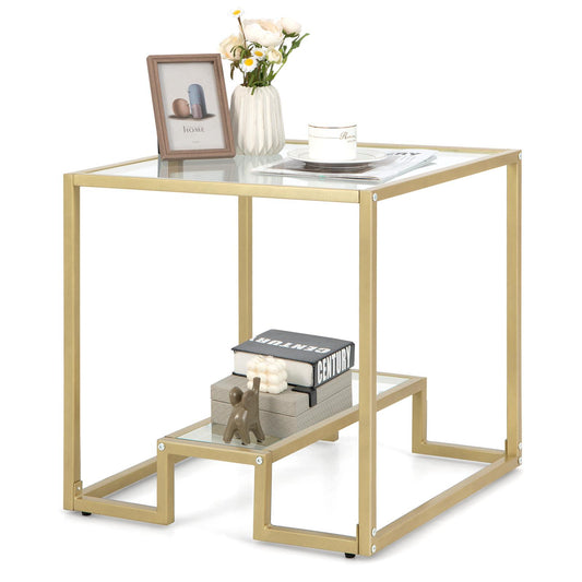 Giantex 2 Tier Sofa Side Table w/Tempered Glass Top, 22In Square Glass End Table, Small Accent Nightstand for Home