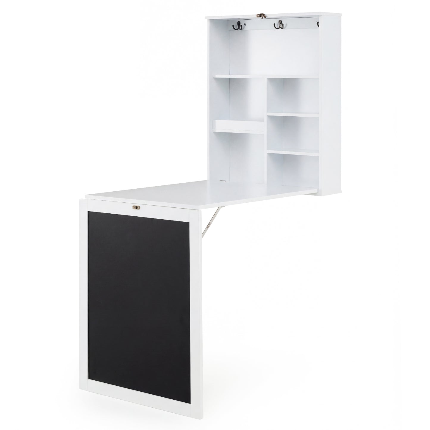 Giantex Folding Desk, Wall Mounted Fold Out Desk w/Storage Shelves & Hooks, Floating Corner Desk for Small Spaces, White