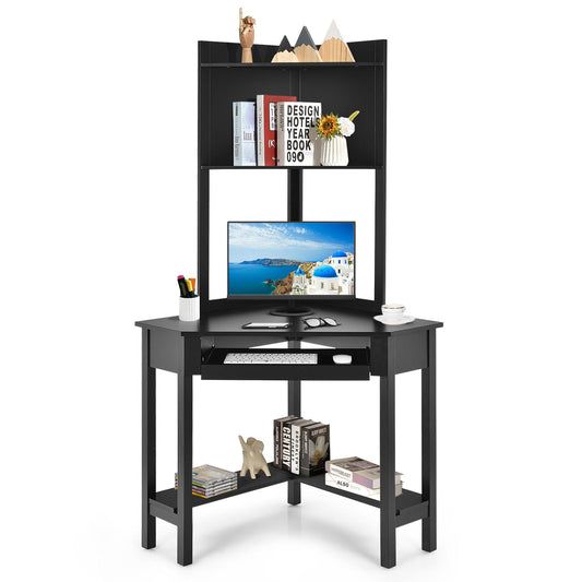 Giantex Corner Computer Desk, Triangle Bookshelves w/Storage Shelves, Small Writing Desk, Black