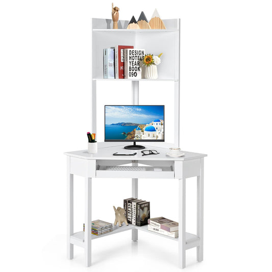 Giantex Corner Computer Desk, Triangle Bookshelves w/Storage Shelves, Small Writing Desk, White