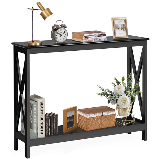 Giantex  Console Table, Sofa Side Table w/Heavy-Duty Support & X-Shaped, Narrow Accent Entryway Table, Black
