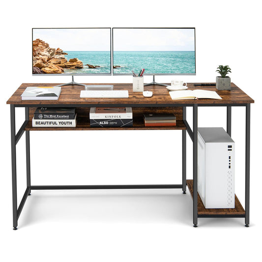 Giantex Computer Desk, PC Gaming Table w/Power Outlet & USB Ports for Home Office, Brown