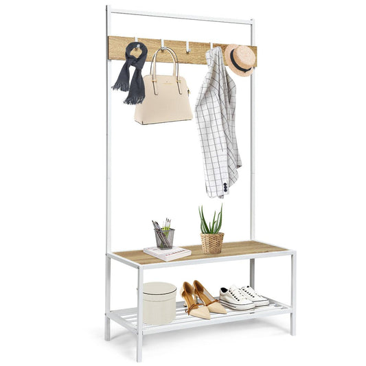 Giantex 3 in 1 Coat Rack, Classic Hall Trees w/5 Hooks, Shoe Rack & Bench, Entryway Storage Organizer, Easy Assembly, Natural