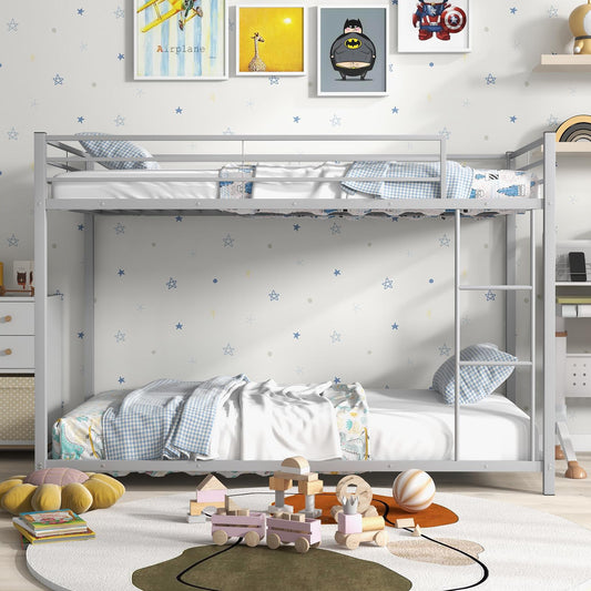 Giantex Metal Bunk Bed, Twin Over Twin w/Ladder and Guard Rail, Heavy-duty Slatted Floor Bed Frame for Kids, Teens, No Box Spring Needed, Sliver