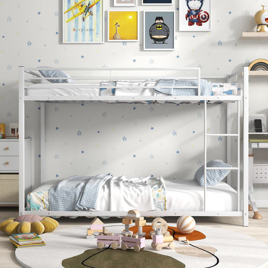 Giantex Metal Bunk Bed, Twin Over Twin w/Ladder and Guard Rail, Heavy-duty Slatted Floor Bed Frame for Kids, Teens, No Box Spring Needed, White