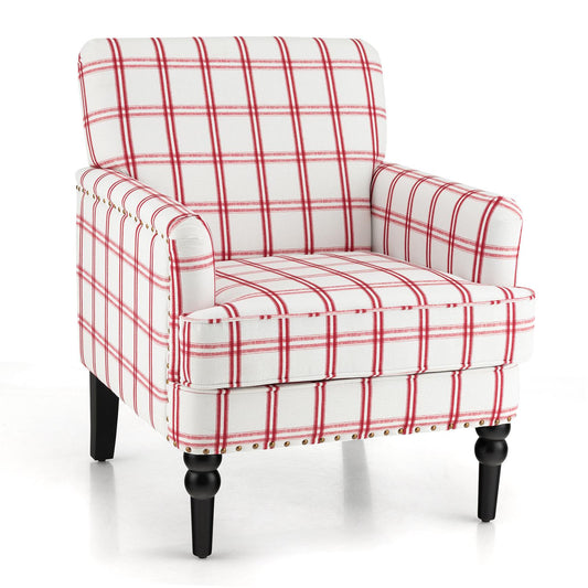 Giantex Mid-Century Modern Accent Chair, Upholstered Nailed Sofa, Comfy Soft Padded Accent Arm Chairs for Home(Red Checkerboard,1)