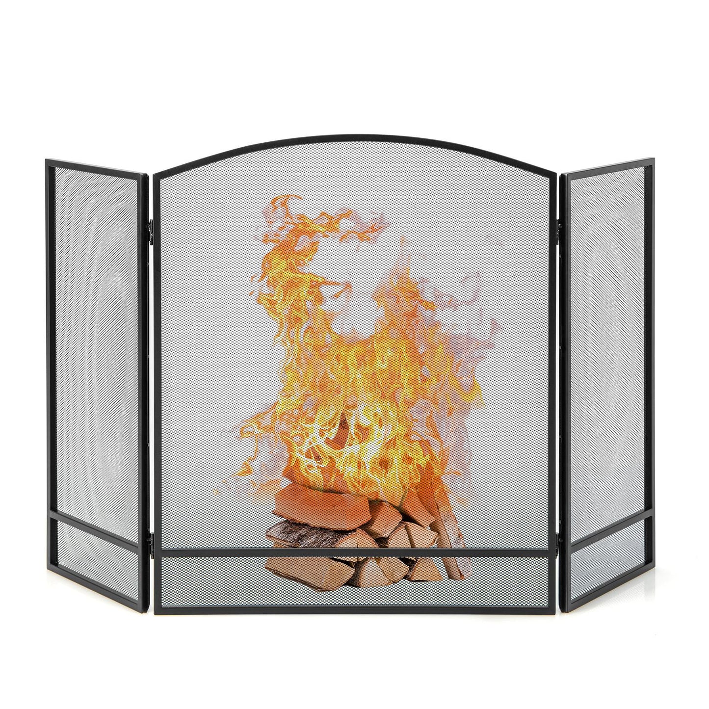 Giantex 3-Panel Folding Fireplace Screen, Wrought Iron Spark Guard Fence, Metal Furnace Fireguards Mesh Cover, Home Decorative Fire Spark Grate Protector, No Assembly