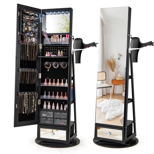 Giantex 360¡ã Swivel Jewelry Cabinet, Standing Jewelry Armoire Organizer w/LED Light, Full Length Mirror & Dressing table, Black