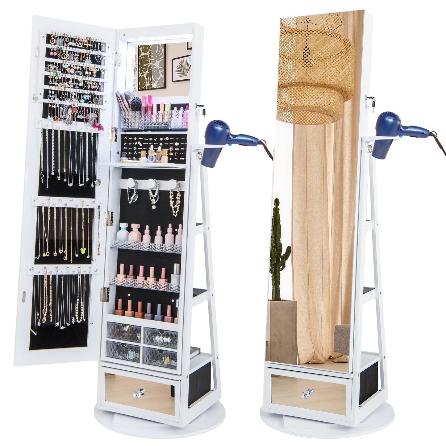 Giantex 360¡ã Swivel Jewelry Cabinet, Standing Jewelry Armoire Organizer w/LED Light, Full Length Mirror & Dressing table, White