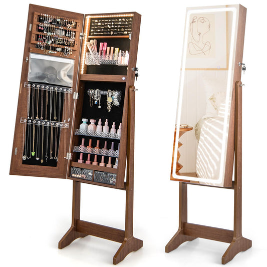 Giantex Full Length Dressing Mirror Jewelry Cabinet, Large Capacity Freestanding Lockable Jewelry Armoire, Walnut