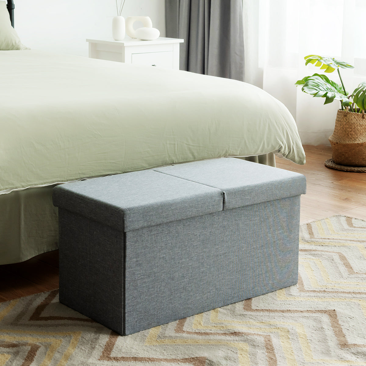 Giantex Folding Storage Ottoman, End of Bed Bench, Fabric Shoe Bench w/Padded Seat, Upholstered Foot Rest Stool, Storage Box, Silver
