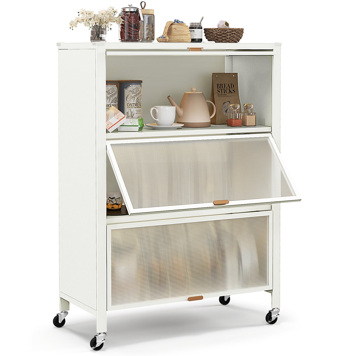Giantex 4-Tier Kitchen Storage Cabinet, Freestanding Microwaves Rack, Mobile Folding Kitchen Bakers Rack w/Universal Wheels & Flip-Up PC Doors