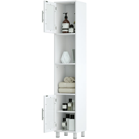 Giantex Tall Bathroom Storage Cabinet, Freestanding Slim Tower Cabinet w/Tempered Glass Doors, Space-saving Floor Cabinet for Bathroom Living Room Kitchen, White